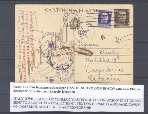 Dt. Feldpost 2. WK, Karte vom KZ Castelnuovo Don Bosco nach Kroatien