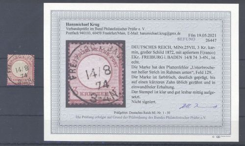 Dt. Reich, 3 Kreuzer Brustschild mit Plattenfehler VII, Befund BPP