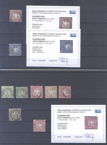 Württemberg, gestempelter Posten Farben aus Michel 25-29, geprüft