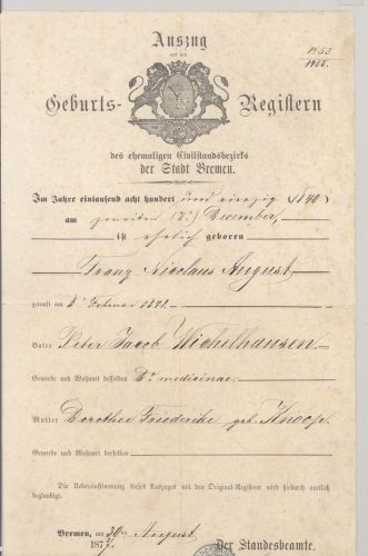 Bremen, Auszug Geburtsregister 1877