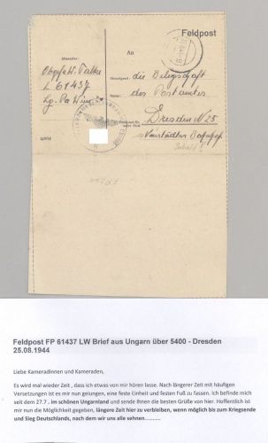 Dt. Feldpost 2. WK, Brief 25.08.1944 aus Ungarn FP Nr. FP 61437