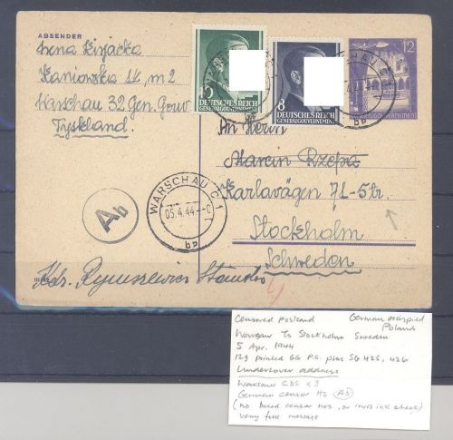 Dt. Bes. 2. WK GG, Brief 1944 mit Undercover Adresse nach Schweden