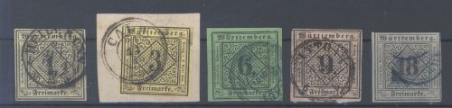 Württemberg Michel Nummer 1-5, Freimarken 1851 gestempelt