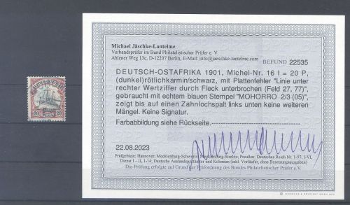 Dt. Kolonien Ostafrika Mi.Nr. 16 I, 20 Pesa 1893 gestempelt, Befund BPP