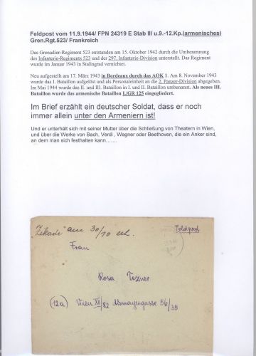 Dt. Feldpost 2. WK, Brief 1944 vom armenischen Gren. Regiment FP 24319