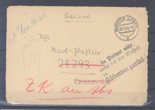 Dt. Feldpost 2. WK, Brief 1944 mit interessantem Handstempelvermerk