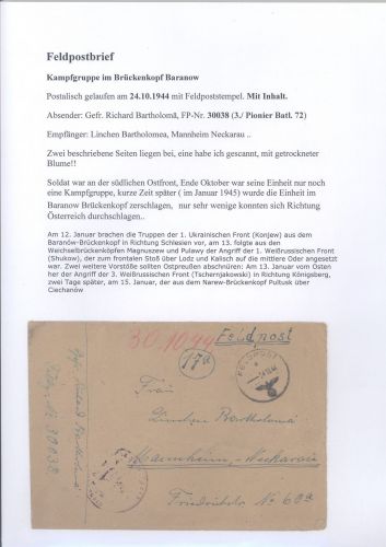 Dt. Feldpost 2. WK, Brief 1944 Kampfgruppe Brückenkopf Baranow