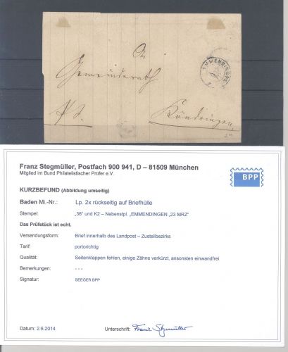 Baden, Brief Landpost Michel Nummer 2x, 3 Kreuzer 1862 EF Befund BPP
