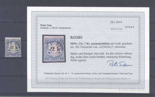 Bayern Michel Nr. 21c, 7 Kreuzer 1868 Farbe c gestempelt, Befund BPP