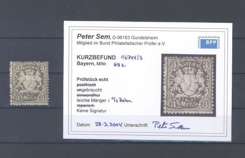 Bayern Michel Nummer 69z, 3 Mark Type z gestempelt, Befund BPP