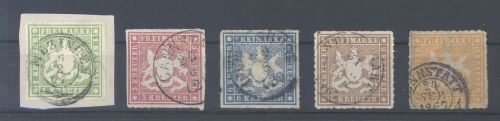 Württemberg Michel Nummer 30-34, Freimarken 1865 gestempelt