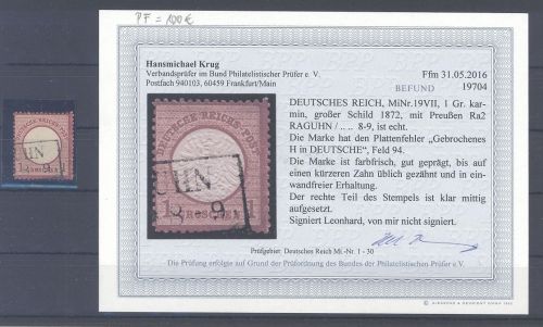 Dt. Reich, 1 Groschen Brustschild mit PF VII gestempelt, Befund BPP