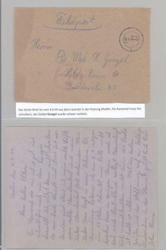 Dt. Feldpost 2. WK, Lazarett Brief vom 9.9.1944 aus der Festung Modlin