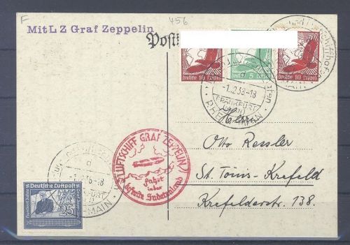 Dt. Reich, Zeppelin Brief Sudetenlandfahrt 1938 mit schöner Frankatur