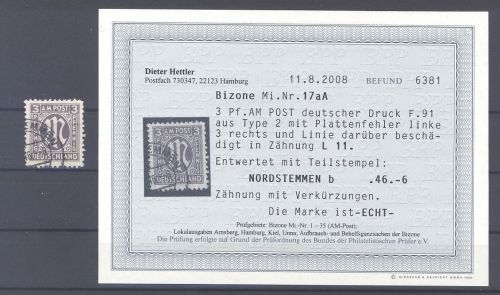 Bizone Michel Nummer 17, 3 Pfg. Plattenfehler gestempelt , Befund BPP