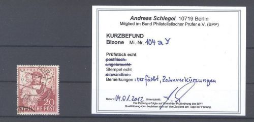 Bizone Michel Nummer 104y, Exportmesse 1949 gestempelt, Befund BPP