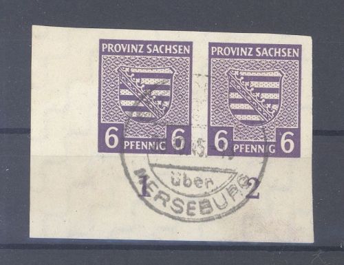 SBZ Michel Nummer 69 Xc, 6 Pfg 1945 gestempelte Eckrandpaar, gp. BPP