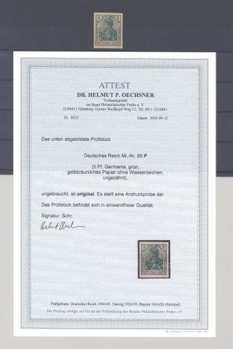 Dt. Reich Michel Nr. 85 P 5 Pfg. Germania 1905-13 Andruckprobe , FA BPP