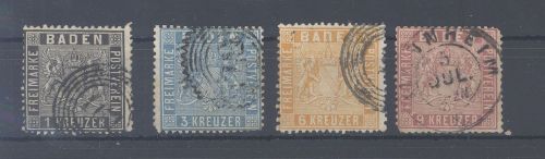 Baden Michel Nummer 9-12, Freimarken 1860 gestempelt, geprüft BPP