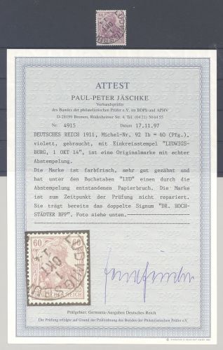 Dt. Reich Mi.Nr. 92 I b, 60 Pfg. Freimarken 1905-13 gestempelt, FA BPP