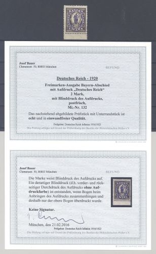 Dt. Reich Michel Nr. 132 B, 2 Mark Aufdruckbesonderheit **, Befund BPP