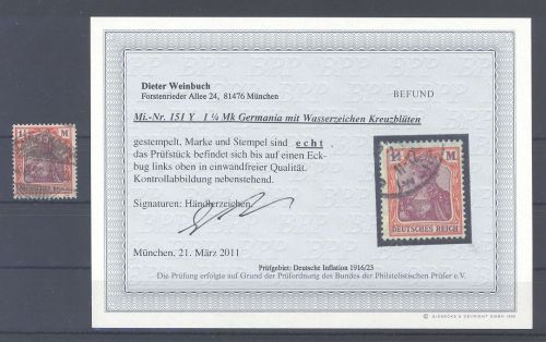 Dt. Reich Mi.Nr. 151 Y, 1 1-4 M. Freimarke 1920 gestempelt, Befund BPP