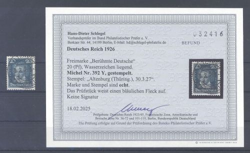 Dt. Reich Michel 392 Y 20 Pfg. Freimarke 1926 gestempelt Befund BPP