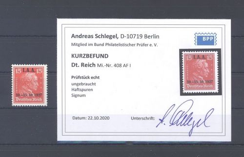 Dt. Reich Mi.Nr. 408 AF I, 15 Pfg. mit dem Aufdruckfehler I * Befund BPP
