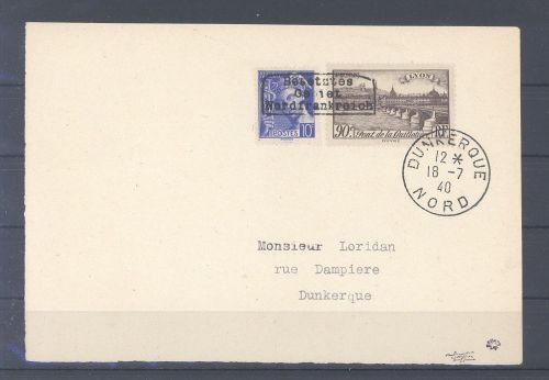 Dt. Bes. 2. WK Frankreich Dünkirchen, Karte 1940 mit 10 + 90 C. MiF