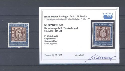 Bund Michel Nummer 115 VII, 30 Pfg. 1949 ungebraucht *, Befund BPP