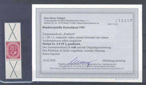 Bund Zusammendruck Michel Nr. S 8 I, 20 Pfg. Posthorn **, Befund BPP