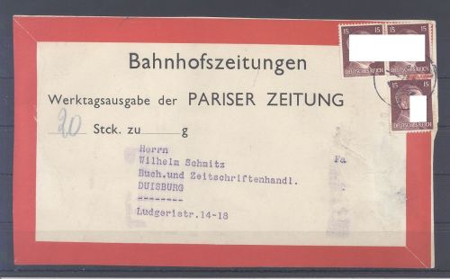 Dt. Feldpost, Feldpost Bahnhofszeitungen Pariser Zeitung nach Duisburg