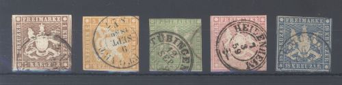 Württemberg Michel Nummer 6-10, Freimarken 1857 gestempelt