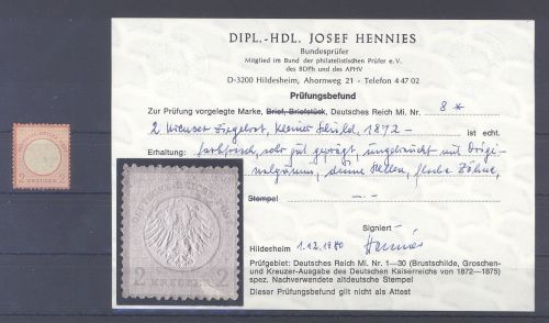 Dt. Reich Mi Nr. 8, 2 Kreuzer kleines Brustschild ungebraucht *, Befund