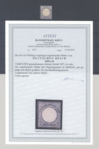 Dt. Reich Michel Nr. 10, 7 Kreuzer kl. Brustschild ungebraucht *, FA BPP