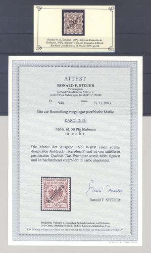 Dt. Kolonien Karolinen Michel Nr. 6 I, 50 Pfg Freimarke 1900 **, FA BPP
