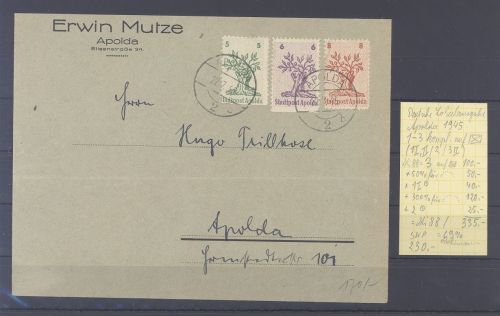 Dt. Lokalpost Apolda, Brief mit Mi.Nr. 1-3, Freimarken 1945 aus Apolda