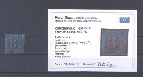 Thurn & Taxis Michel Nummer 8, 3 Kr. roter Paid Stempel, Befund BPP