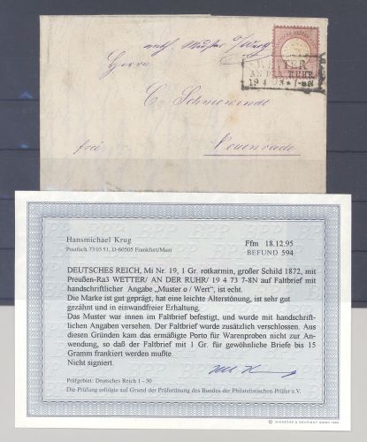 Dt. Reich, Brief 1 Groschen Brustschild "Muster ohne Wert", Befund BPP