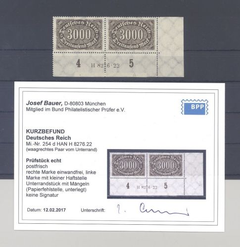 Dt. Reich Michel 254d, 5000 Mark Farbe d als ** HAN Paar, Befund BPP