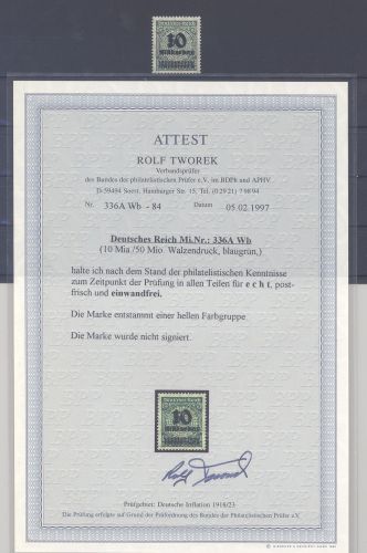 Dt. Reich Michel Nummer 336 A Wb, 10 Mrd. Freimarke 1923 **, FA BPP