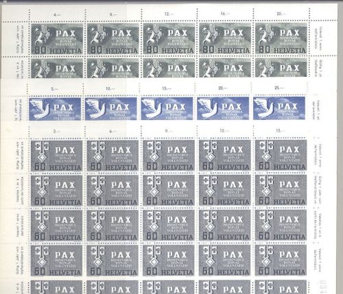 Schweiz Michel Nr. 453-55, 60 C - 1 Fr Pax 1945 jeweils als ** Bogen