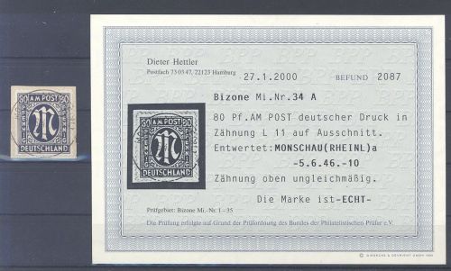 Bizone Michel Nummer 34 Aa, 80 Pfg. AM Post Briefstück, Befund BPP