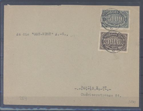 Dt. Reich, Brief mit Michel 254d, 5000 Mark Farbe d als MiF, geprüft Infla