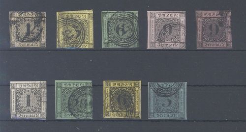 Baden Michel Nummer 1-8, Freimarken 1851-58 gestempelt