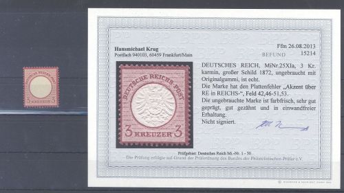 Dt. Reich Michel Nummer 25 XIa, 3 Kr. PF XIa ungebraucht *, Befund BPP