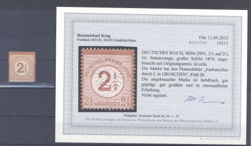 Dt. Reich Michel Nr. 29 IV, 2 1-2 Gr. PF IV ungebraucht *, Befund BPP