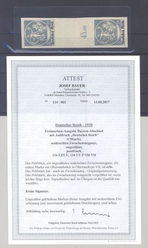 Dt. Reich Michel Nr. 134 I 3 Mark ungezähntes Zwischenstegpaar ** FA BPP