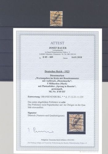 Dt. Reich Dienst Michel Nummer 85 HT, 5 Mrd. 1923 gestempelt, FA BPP
