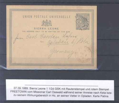 Deutsche Missionspost 1889 aus Sierra Leone nach Freetown